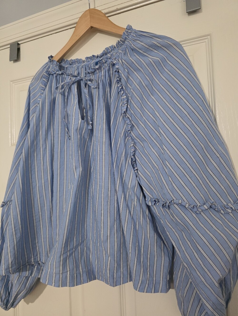 Old Navy Long-Sleeve Ruffle Trim Top White & Blue Stripe Size 2XL Boho Peasant